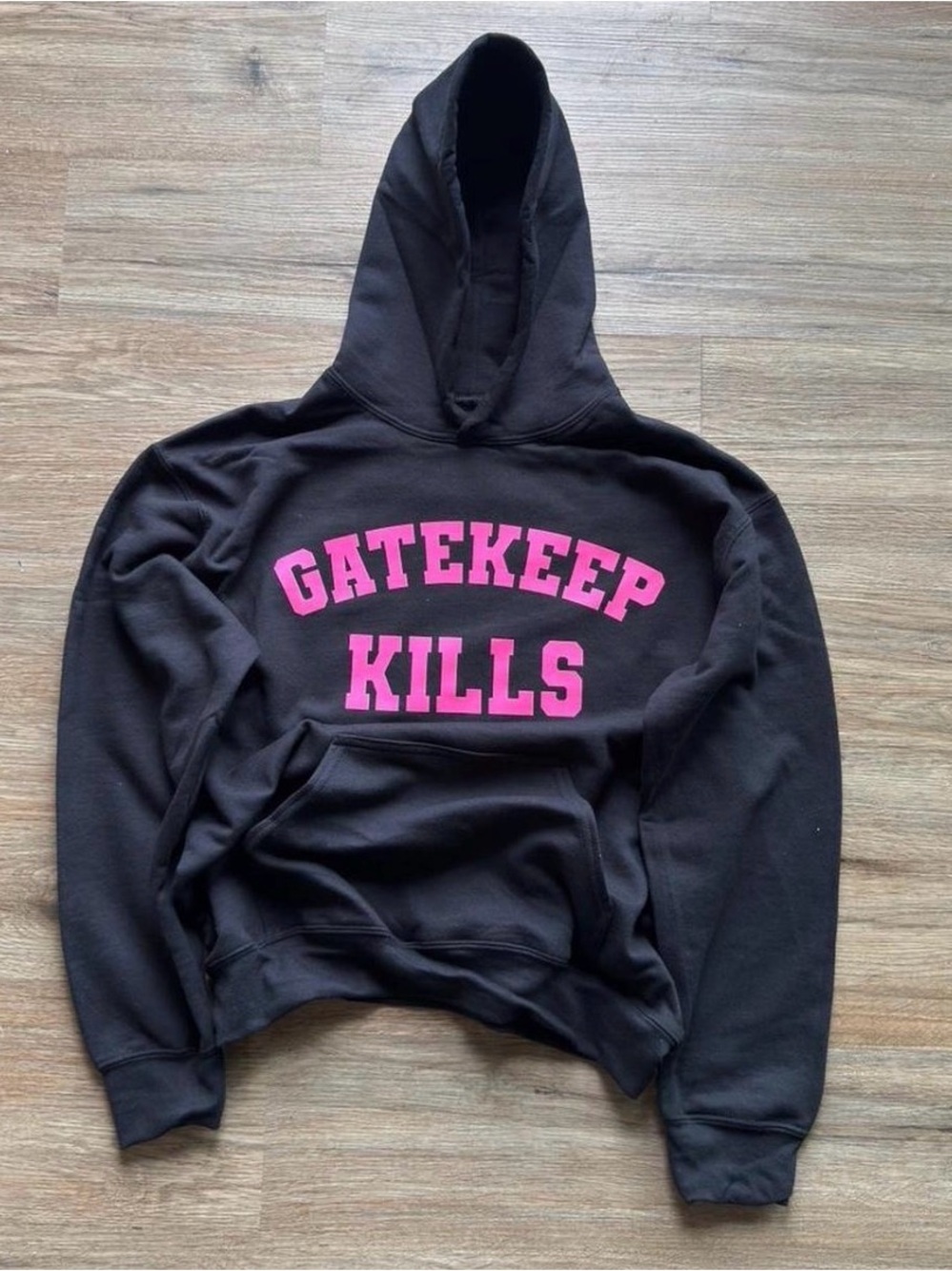 Black Hoodie with Pink "GATEKEEP KILLS" Graphic